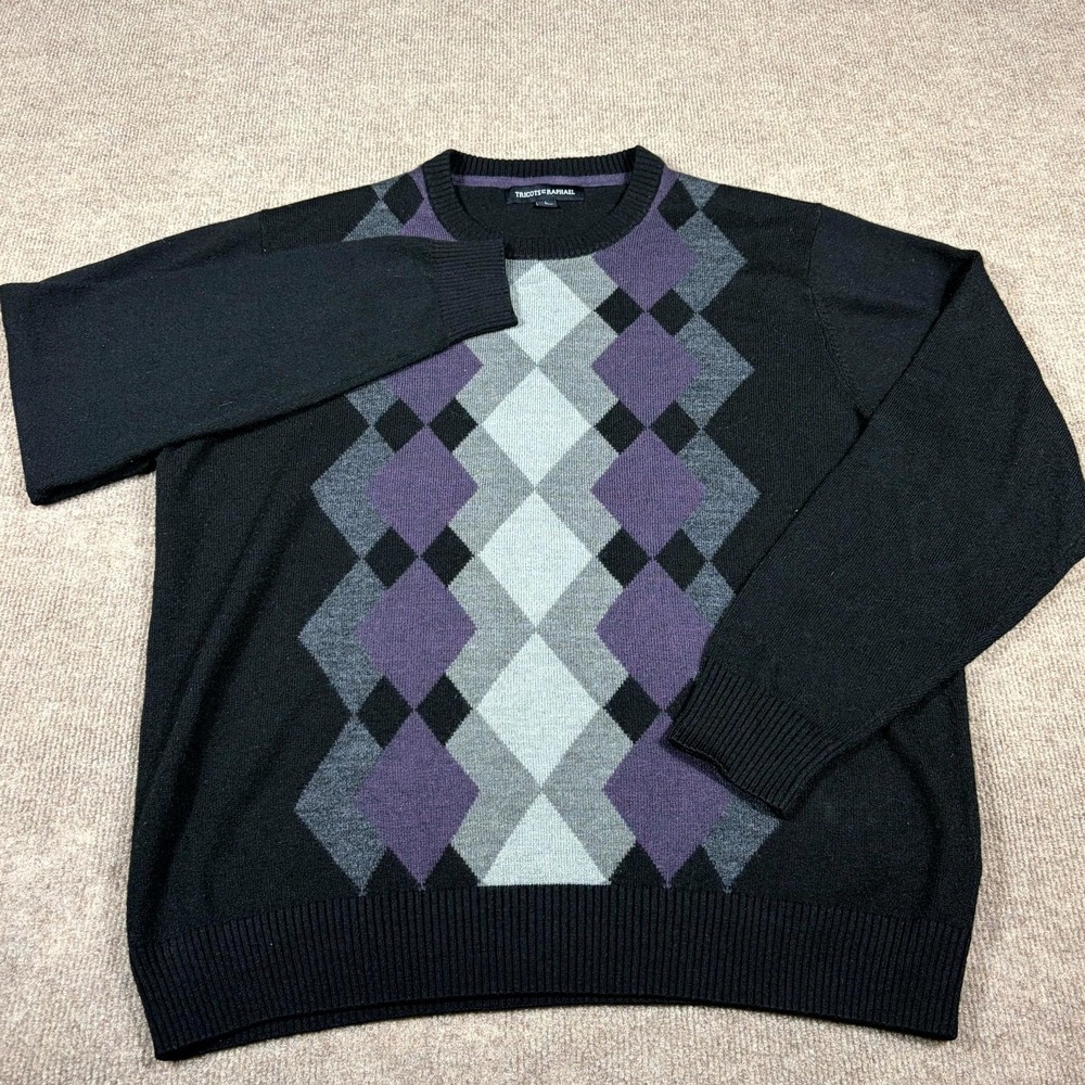 Tricots St. Raphael Sweater Men's Large Black Purple Argyle Knitted Ribbed Hem